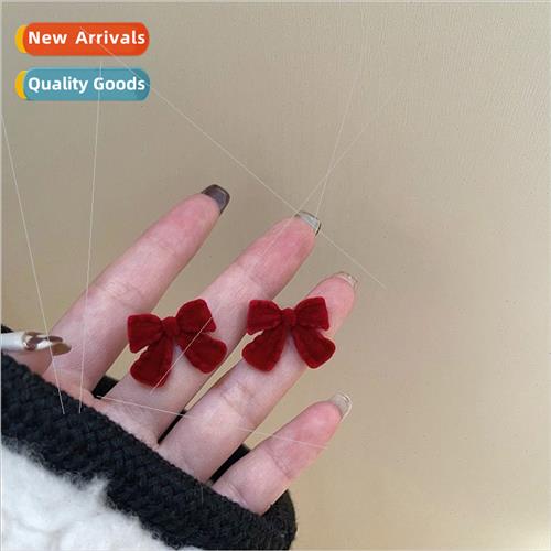 Burgundy flocking bow earrings female ins tide sweet festive