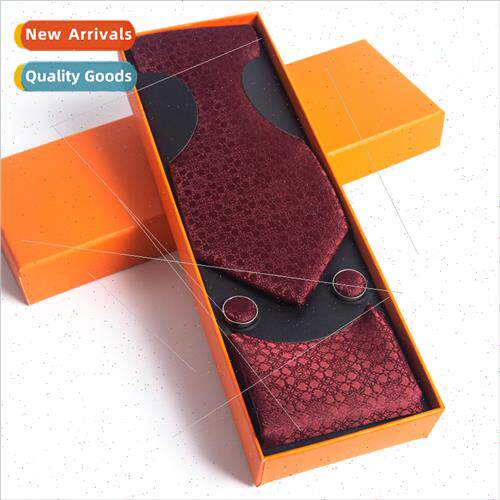 Paisley Men Tie Square Cuff  Set Business Casual Tie Orange