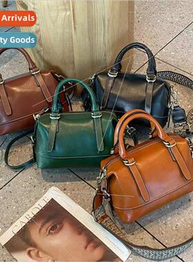 Genuine Leather Women Bag New Vintage Oil Waxed Boston Large