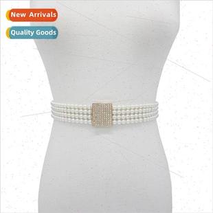buckle pearl belt Inlaid dress square female whe rhinestone