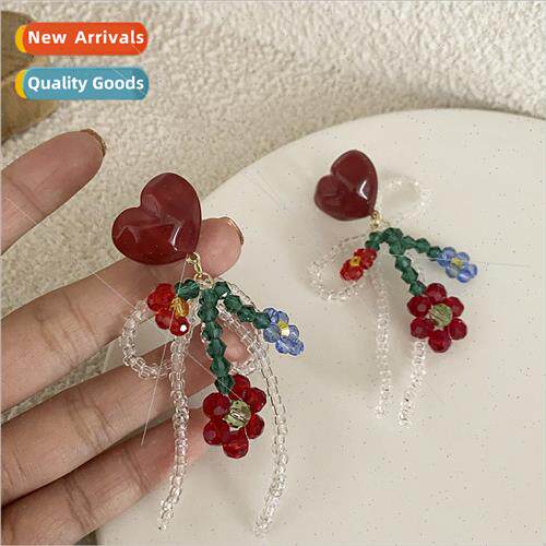 Spring summer wear rustic handmade red flowers beaded earrin