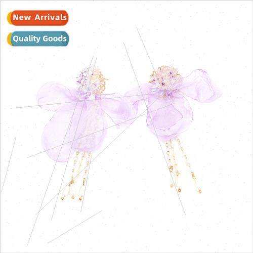 Korea fresh long lace flowers pearl tassel earrings temperam