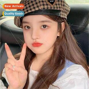 triangle label hat beret fema painter female retro ins plaid