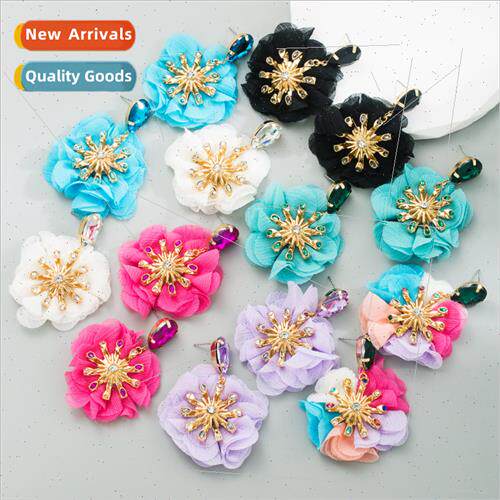 ins fashion cloth alloy diamond flower earrings nd fashion s