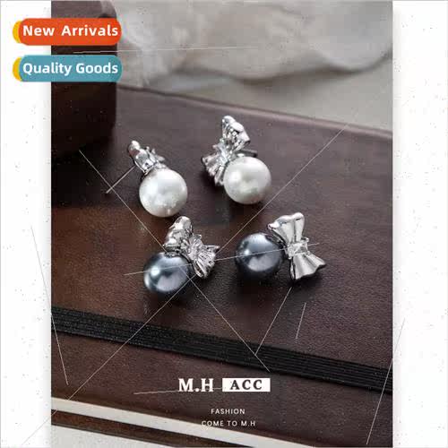 New bow pearl earrings female 925 silver needle delicate ear
