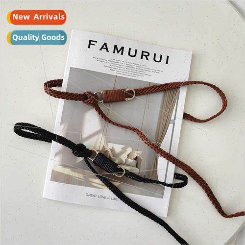 Black thin belt women simple versatile woven dress sub knot
