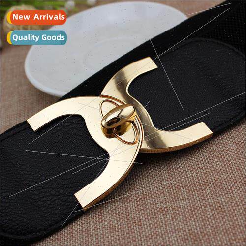 Women gold color rotating lock buckle elastic waistband four