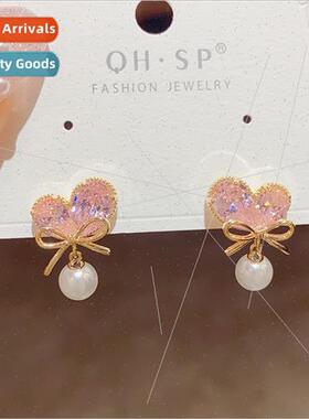 2023 Spring new zircon love bow pearl earrings silver pin ea
