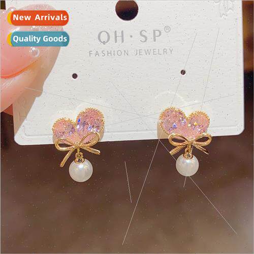 2023 Spring new zircon love bow pearl earrings silver pin ea