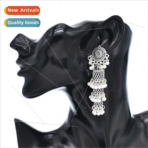 New Indian imation pearl tassel earrings retro old Miao silv