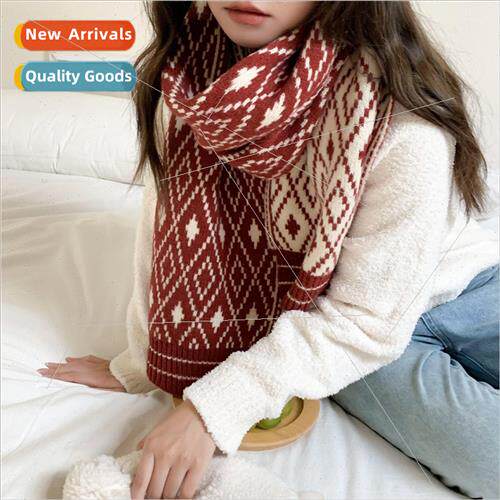 College retro diamond plaid knted scarf female fall winter w