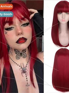 Europe wigs long chemical fiber headgear burgundy wigs bangs