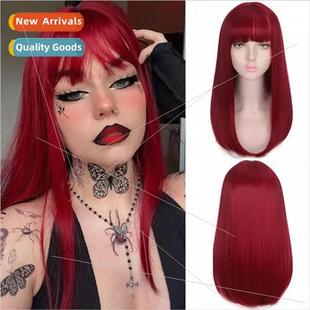 Europe wigs long chemical fiber headgear burgundy wigs bangs