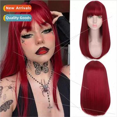 Europe wigs long chemical fiber headgear burgundy wigs bangs