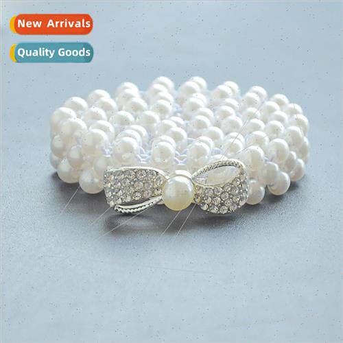 Women Pearl Elastic Waistband Rhinestone Inlaid Butterfly Bu