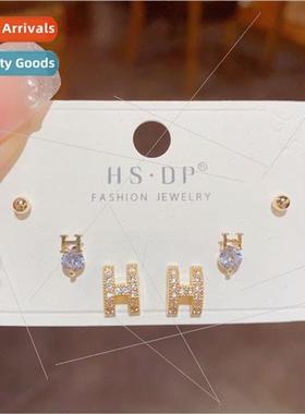 Korea new s925 silver needle H letter earrings combination s