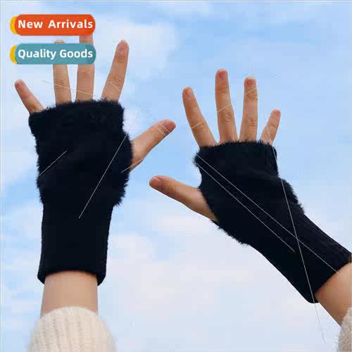 Autumn and winter warm woolen half-finger gloves female wint