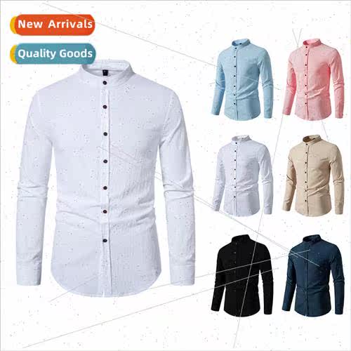 2023 fall new long-sleeved shirt men Henry collar Slim men s