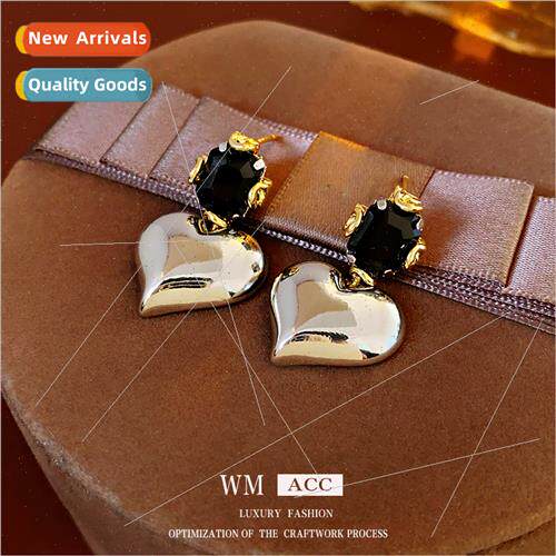 silver pin wh diamond love heart metal earrings niche earrin