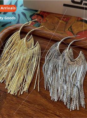 Metal tassel earrings适用women niche minimalist C-shaped sil