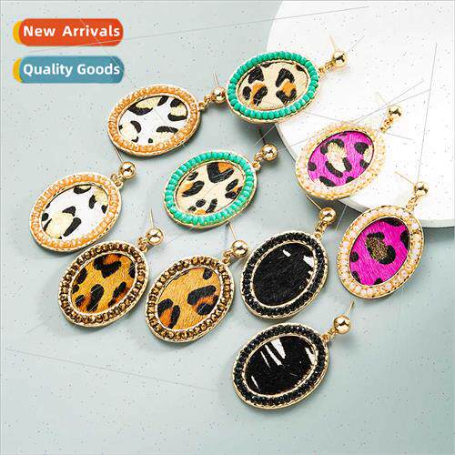Europe New Leopard Leather Earrings Alloy Crystals Vintage E