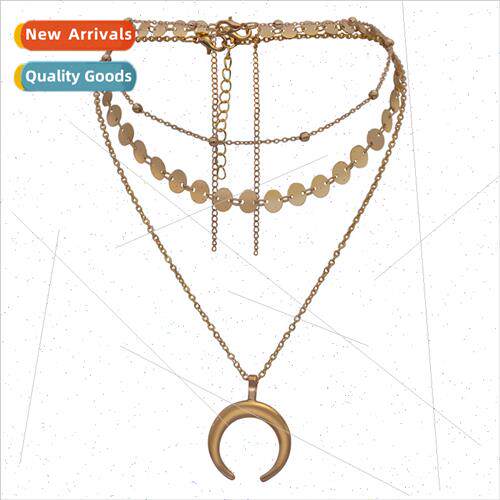Europe Gold Layered Necklace Women Moon Heart Pendant Neckla