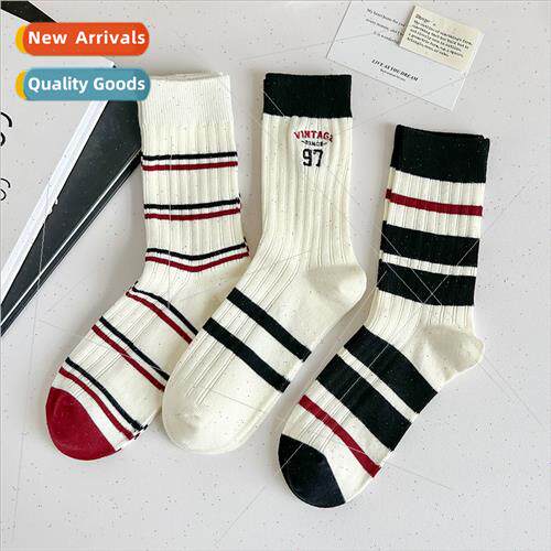 Striped mid-calf socks female cotton fall thin ins tide sock