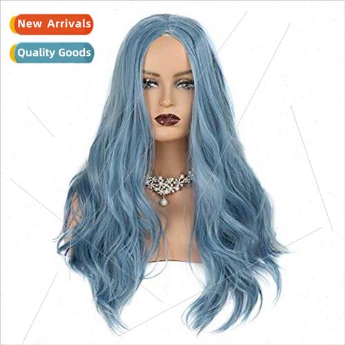 Europe center parted long curly hair blue big wave Women lon
