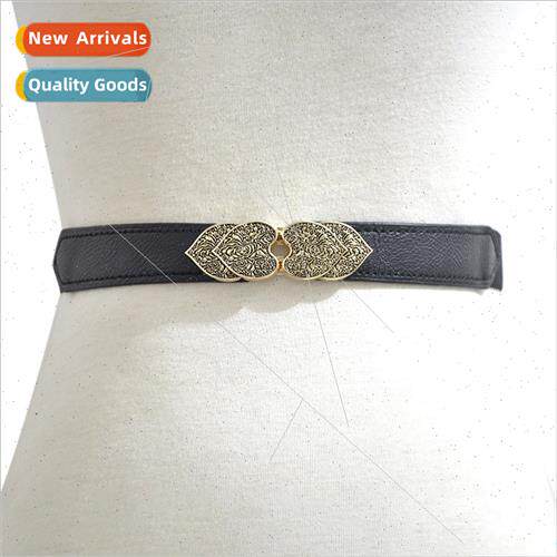 Europe Women Retro Floral Buckle Elastic Waistband Fashion H