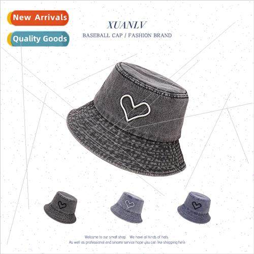 New washed denim love fisherman hat female spring fall Korea