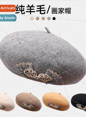 Autumn winter new wool painters cap retro crystal fashion la