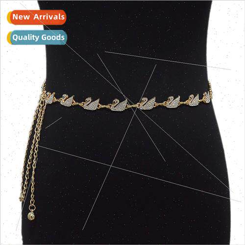 Summer new ladies belt fashion wild rhinestone inlaid swan b