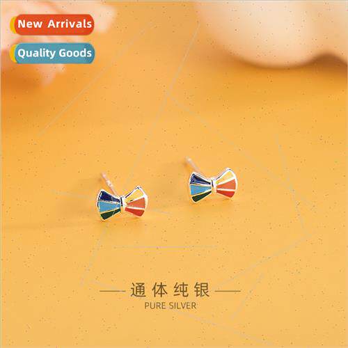 s925 silver Korea fashion girls heart colorful bow earrings