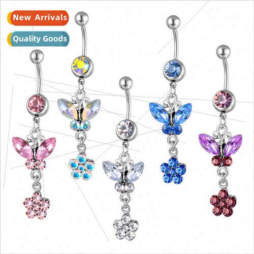 Multicoloured Butterfly Flower Belly Button Ring Navel Nail