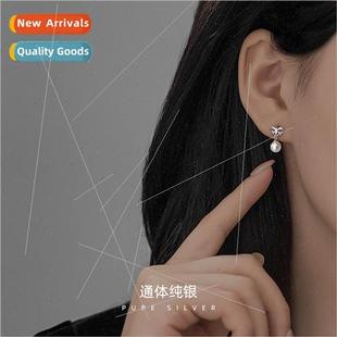 pearl earrings wild silver fashion bow simple S925 female