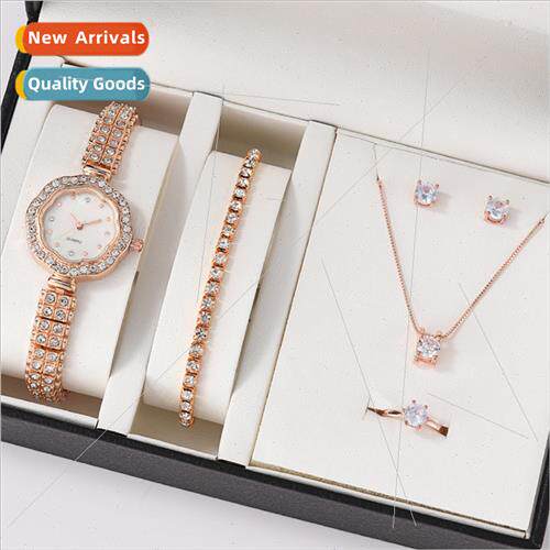 Women Alloy Quartz Watch Necklace Earrings Bracelet Ring & A