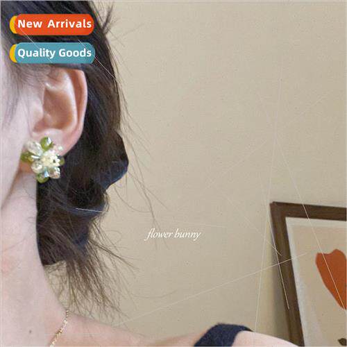 silver needle green crystal glaze handmade beaded earrings M