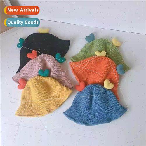 Children candy-coloured warm heart knted fisherman hat Korea