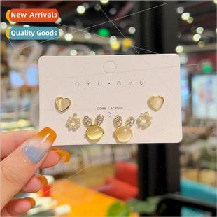 female ins stone earrings eye pin cat niche 925 set silver