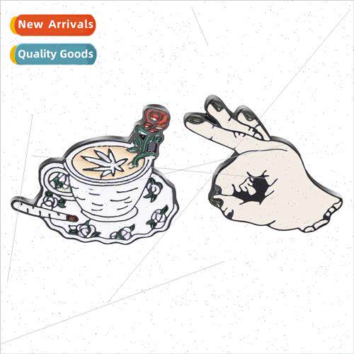 Europe Rose Coffee Cup OK Gesture Punk Fun Brooch