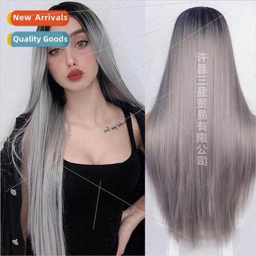 Wigs Europe black gray two-color gradient long chemical fibe