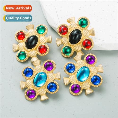 Ins creative alloy set colorful gemstone earrings tide senio