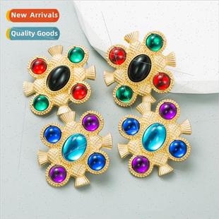 set colorful gemstone Ins tide alloy earrings senio creative