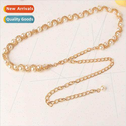 Women Metal Waist Chain Pearls Aluminum Chain Dress Belt