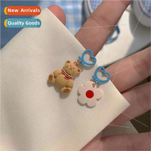 Fun cartoon bear earrings blue peach heart flower color clas