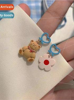 Fun cartoon bear earrings blue peach heart flower color clas