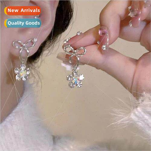 s925 Koreains tide bow earrings shiny zirconia flower pendan