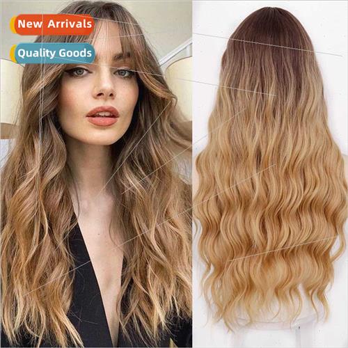 Europe wig women long black gold gradient wave wig head cove