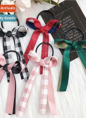 Korean hair accessories sweet color blocking plaid bow cloth
