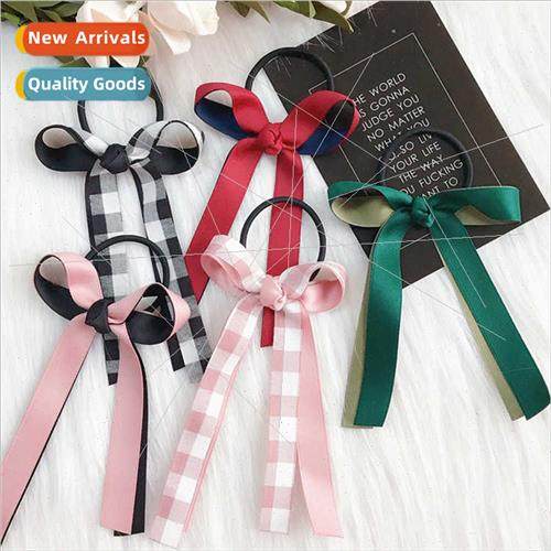 Korean hair accessories sweet color blocking plaid bow cloth